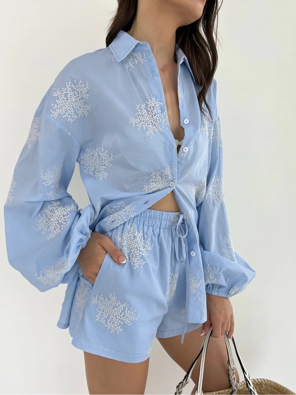 Commense Light Blue Embroidered Button-Front Shirt and Short Set